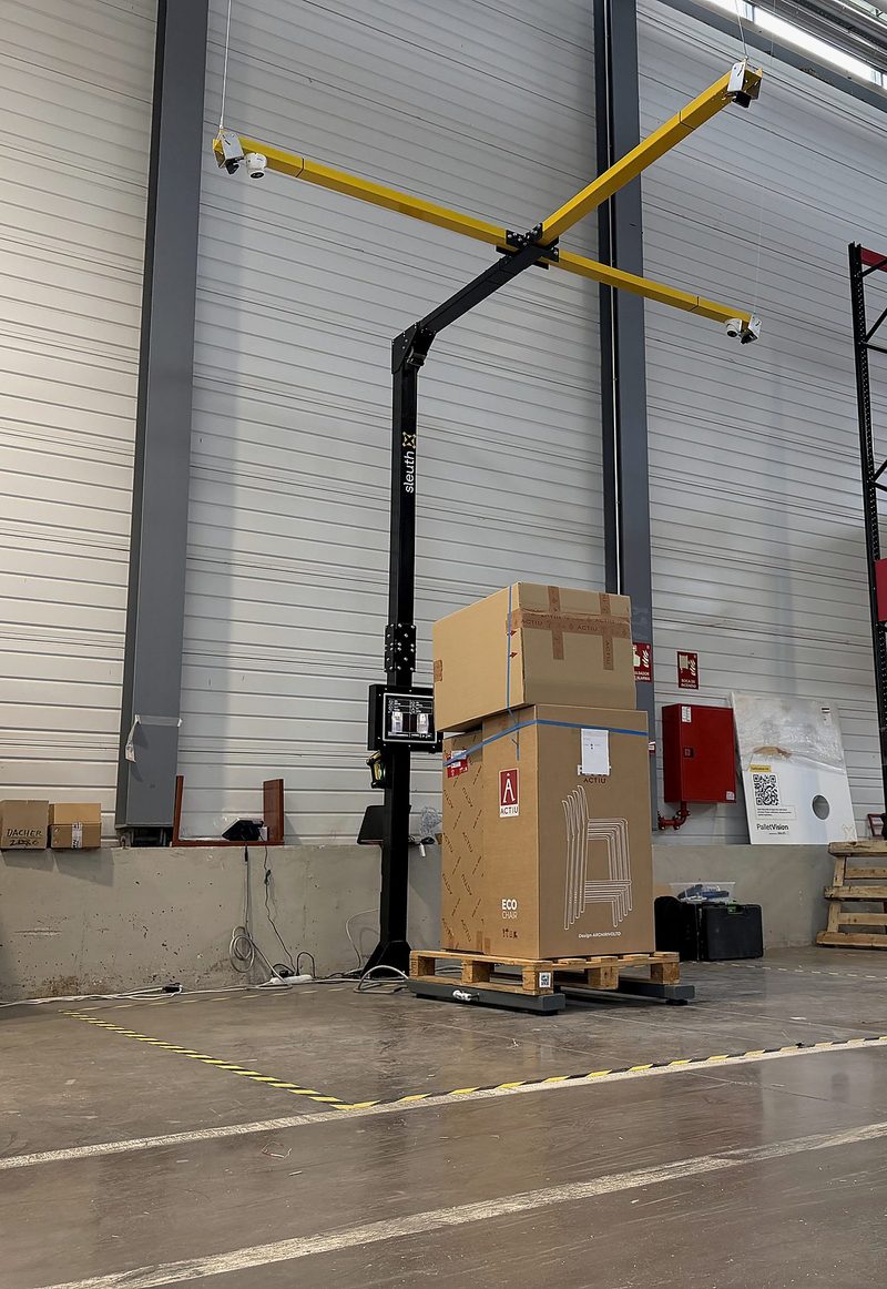 PalletVision pallet dimensioner installed in a warehouse, measuring a loaded pallet